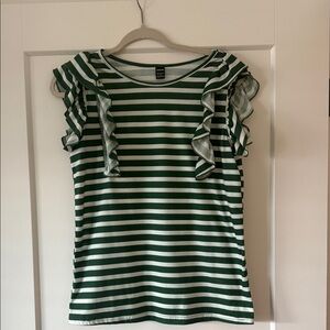 H&M Green and White Striped Ruffle Sleeve Top